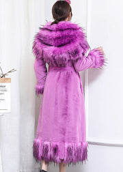 Boho Purple Fur Collar Patchwork Tie Waist Faux Fur Long Coat Winter