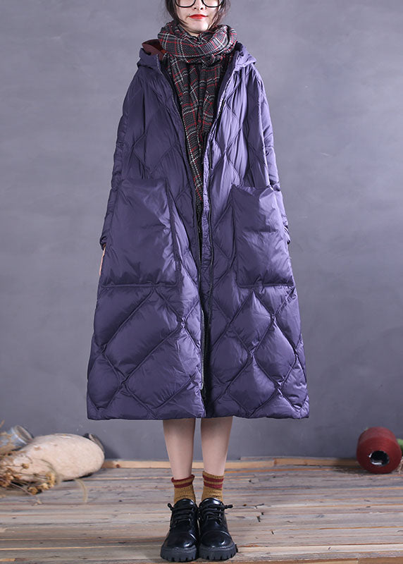 Boho Purple Hooded Pockets Duck Down Down Coats Winter
