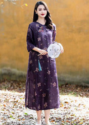Boho Purple O Neck Print Button Patchwork Linen Long Dress Summer