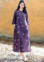 Boho Purple O Neck Print Button Patchwork Linen Long Dress Summer