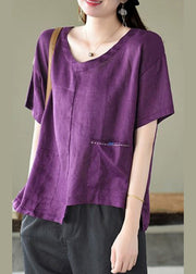 Boho Purple O-Neck asymmetrical design pocket Linen Top Short Sleeve