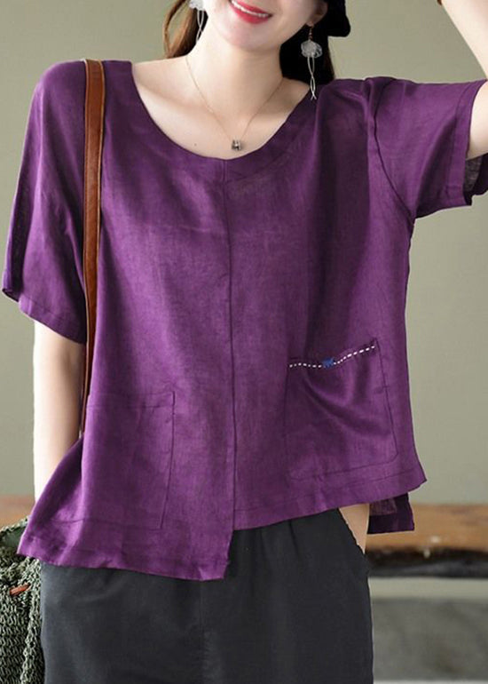 Boho Purple O-Neck asymmetrical design pocket Linen Top Short Sleeve