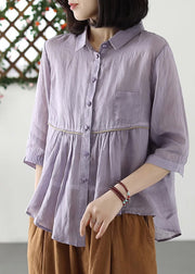 Boho Purple Peter Pan Collar Asymmetrical Patchwork Button Ramie Shirts Half Sleeve