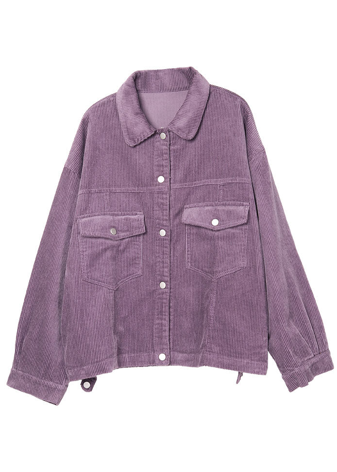 Boho Purple Peter Pan Collar Pockets Button Fall Coat Long Sleeve
