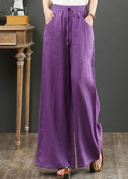 Boho Purple Pockets Elastic Waist Cotton Wide Leg Pants Summer
