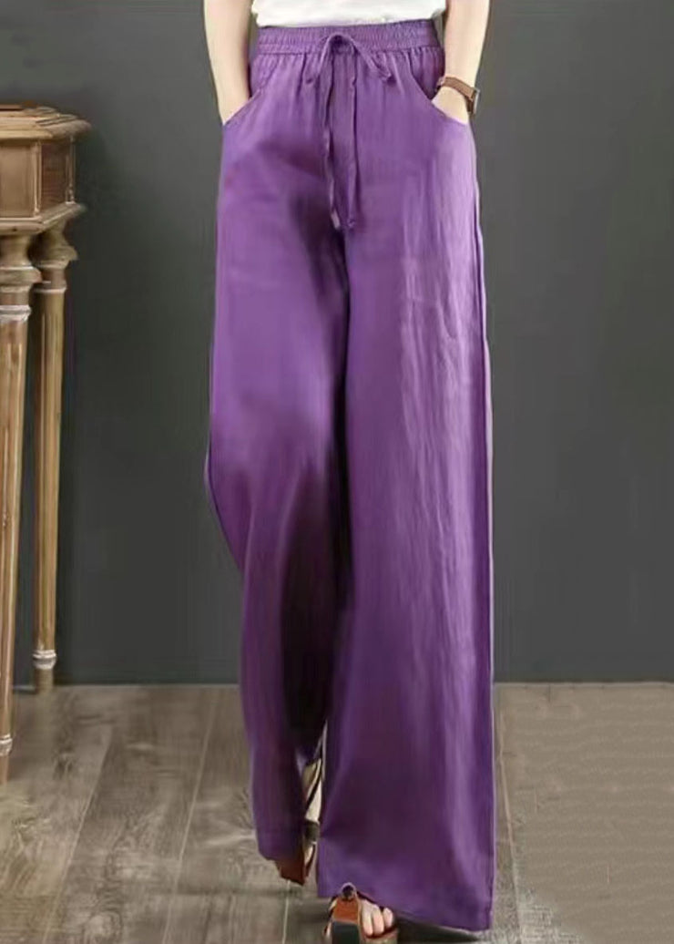 Boho Purple Pockets Elastic Waist Cotton Wide Leg Pants Summer