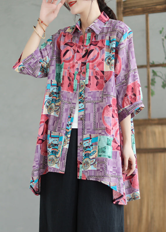 Boho Purple Print Low High Design Linen Long Shirts Summer
