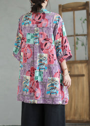 Boho Purple Print Low High Design Linen Long Shirts Summer