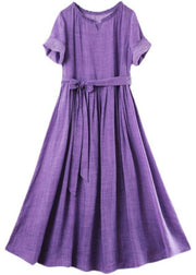 Boho Purple Ruffled Maxi Summer Linen Dress - SooLinen
