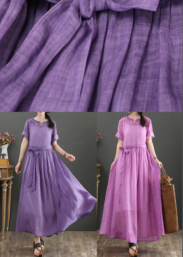 Boho Purple Ruffled Maxi Summer Linen Dress - SooLinen
