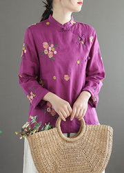 Boho Purple Stand Collar Embroidered Patchwork Cotton Top Spring