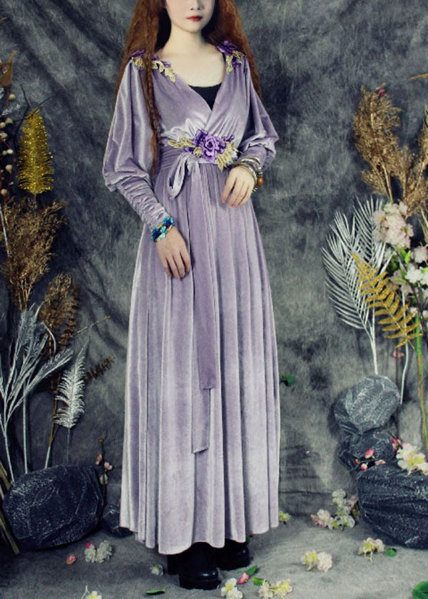 Boho Purple V Neck Applique Tie Waist Silk Velour Maxi Dresses Spring