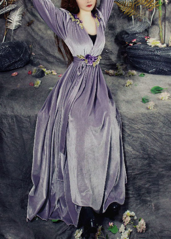 Boho Purple V Neck Applique Tie Waist Silk Velour Maxi Dresses Spring