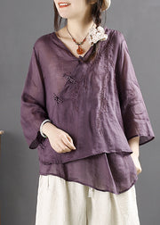 Boho Purple V Neck Embroidered Chinese Button Linen Tops Summer