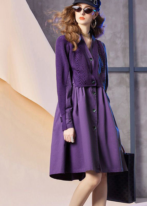 Boho Purple V Neck Patchwork Knit Fake Two Piece Party Dress Spring