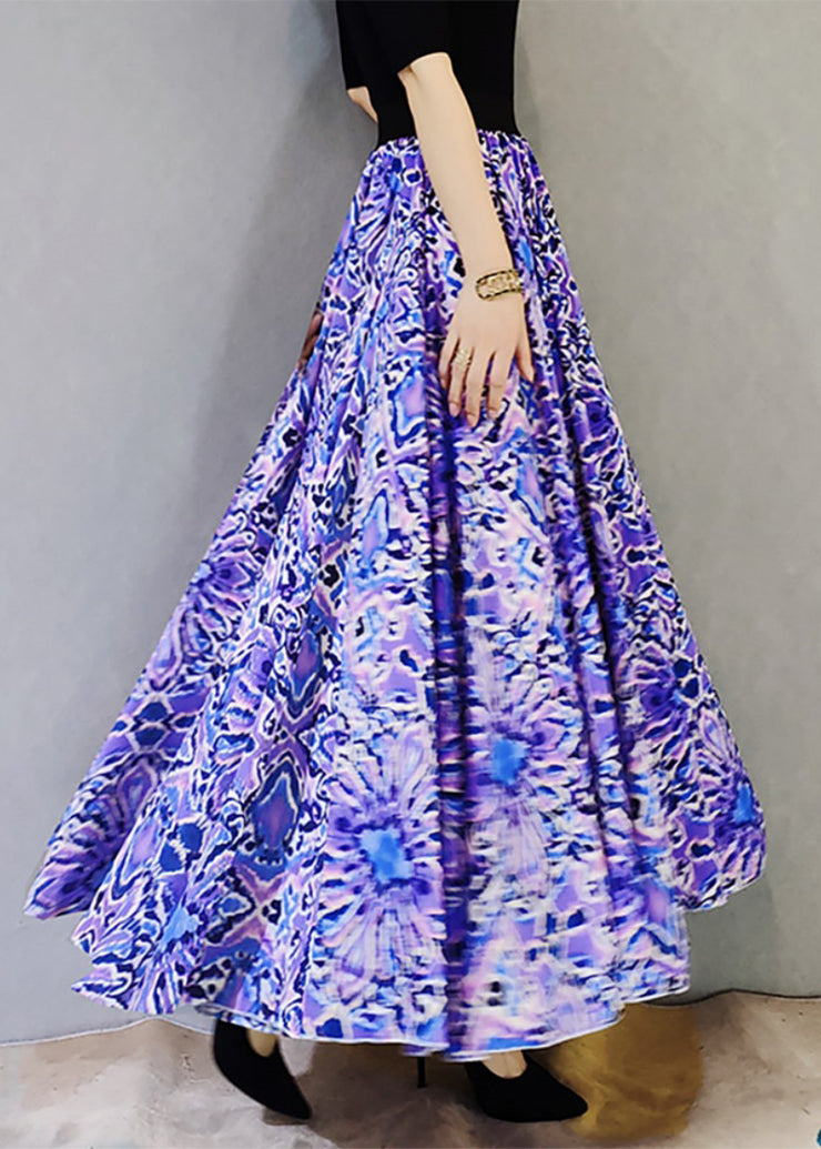 Boho Purple Wrinkled Print Exra Large Hem Loose Cotton Skirts Spring
