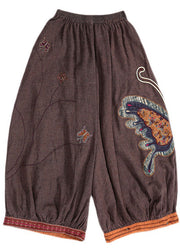 Boho Purple retro Embroidered Oriental lantern Casual Fall Pants Trousers
