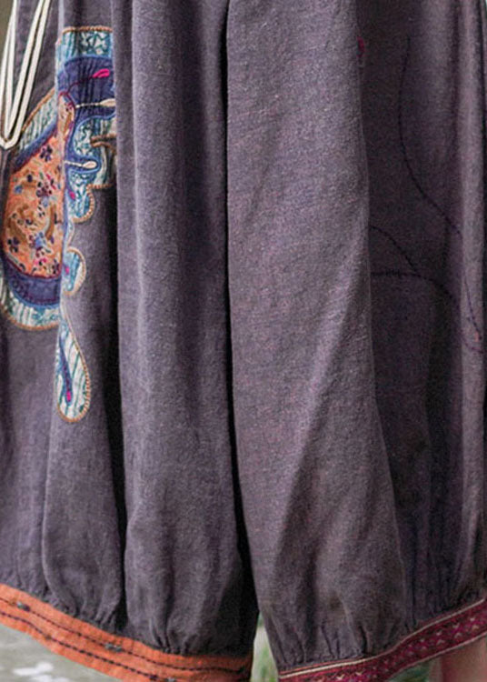 Boho Purple retro Embroidered Oriental lantern Casual Fall Pants Trousers