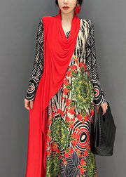 Boho Red Asymmetrical Patchwork Print Maxi Dress Spring