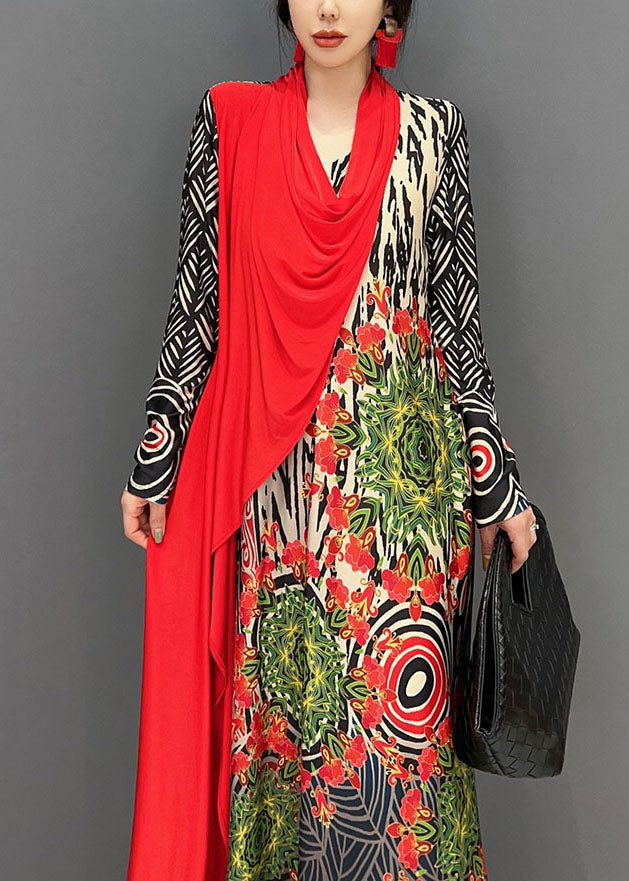 Boho Red Asymmetrical Patchwork Print Maxi Dress Spring