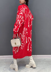 Boho Red O Neck Animal Jacquard Knit Sweater Dress Winter