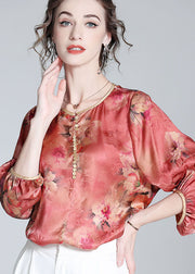 Boho Red O Neck Floral Print Silk Blouse Top Bracelet Sleeve