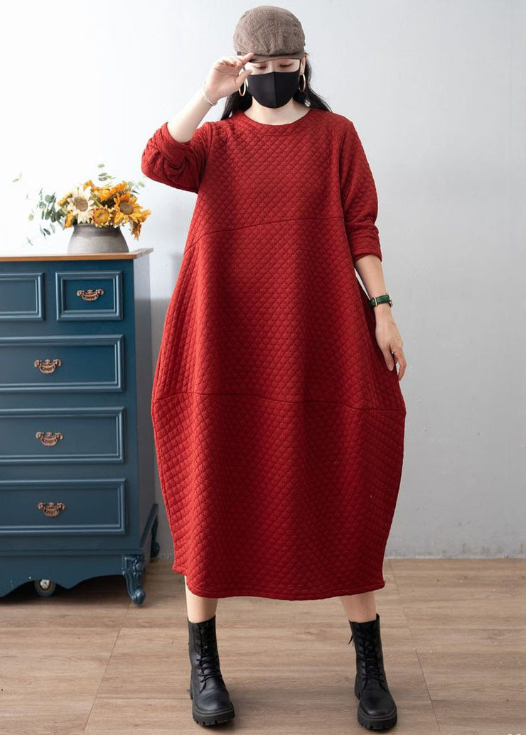 Boho Red O-Neck Patchwork Plaid Warm Fleece Dress Winter