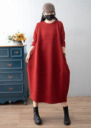 Boho Red O-Neck Patchwork Plaid Warm Fleece Dress Winter