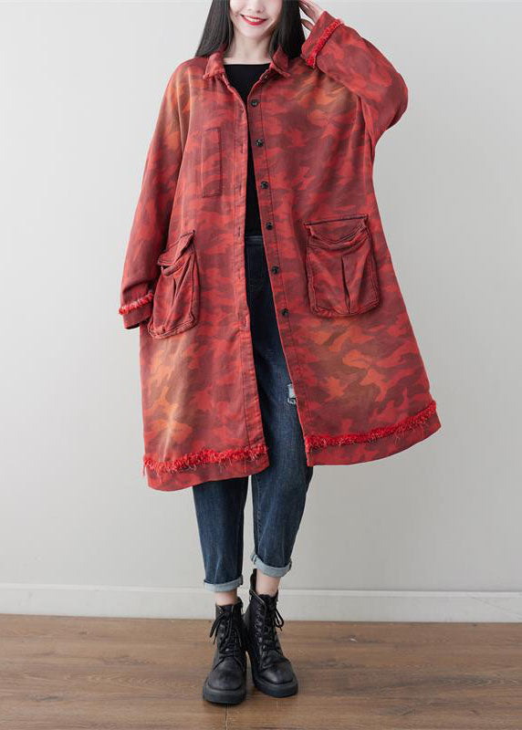Boho Red Oversized Patchwork Pockets Cotton Trench Spring