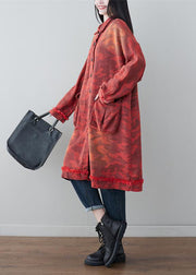 Boho Red Oversized Patchwork Pockets Cotton Trench Spring
