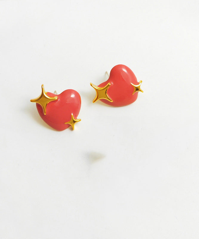 Boho Red Patchwork Copper Heart Stud Earrings