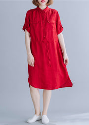 Boho Red Peter Pan Collar drawstring Shirt Dresses Summer