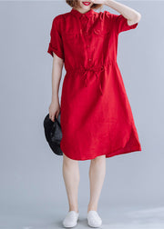 Boho Red Peter Pan Collar drawstring Shirt Dresses Summer