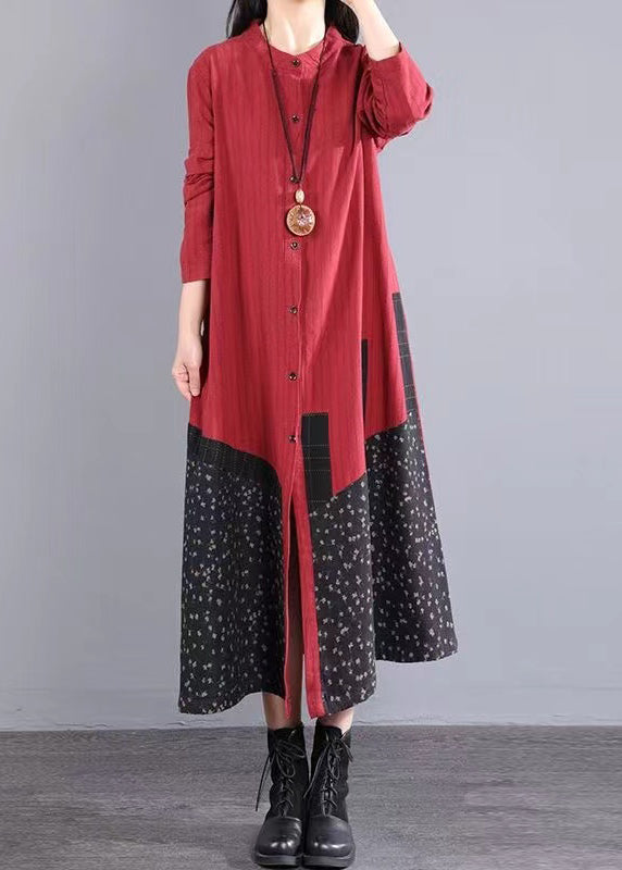 Boho Red Print Pockets Patchwork Cotton Long Dresses Fall