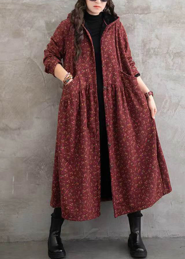 Boho Red Print Pockets Patchwork Warm Fleece Hooded Trench Winter