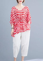 Boho Red Print Wrinkled Summer Half Sleeve Shirt Top - SooLinen