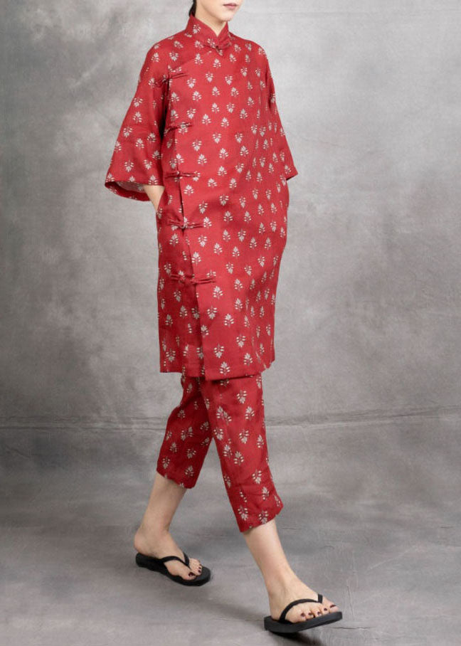 Boho Red Stand Collar Patchwork Linen Women Sets 2 Pieces Summer