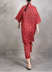 Boho Red Stand Collar Patchwork Linen Women Sets 2 Pieces Summer