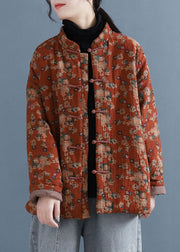 Boho Red Stand Collar Print Oriental Button Fine Cotton Filled Jacket In Winter