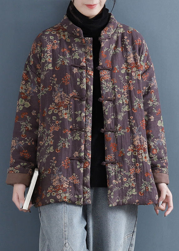 Boho Red Stand Collar Print Oriental Button Fine Cotton Filled Jacket In Winter