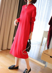 Boho Red Stand Collar Zip Up Knit Maxi Dresses Spring