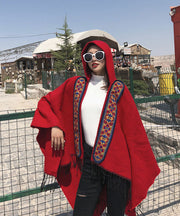 Boho Red Tasseled Hooded Embroidered Cashmere Shawl Cloak