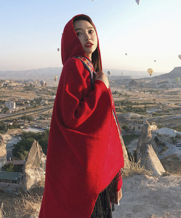 Boho Red Tasseled Hooded Embroidered Cashmere Shawl Cloak