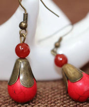 Boho Red Turquoise Patchwork Copper Drop Earrings