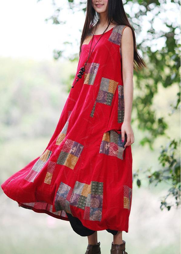 Boho Red U Neck Dress Print Sleeveless Summer Dress - SooLinen