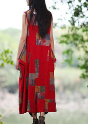 Boho Red U Neck Dress Print Sleeveless Summer Dress - SooLinen
