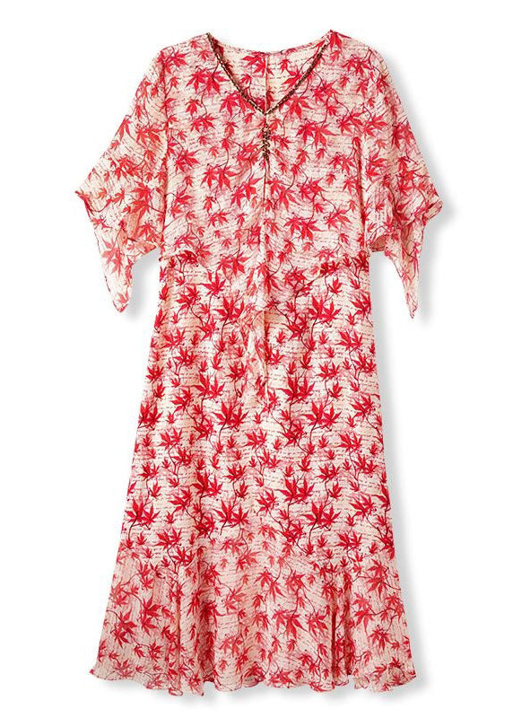 Boho Red V Neck Print Patchwork Chiffon Dress Summer