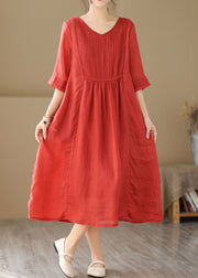 Boho Red V Neck Wrinkled Patchwork Linen Dress Summer