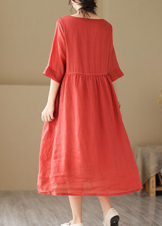Boho Red V Neck Wrinkled Patchwork Linen Dress Summer