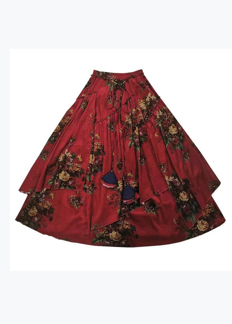 Boho Red Wrinkled Asymmetrical Print Corduroy Skirts Spring